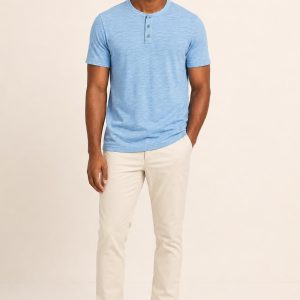 Men's Sky Tonal Texture Henley Tee worn with an adult model