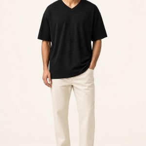 Men's Black Fine Stripe V-Neck Tee worn with an adult model