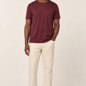 Men's Burgundy Fine Stripe Pocket Tee worn with an adult model