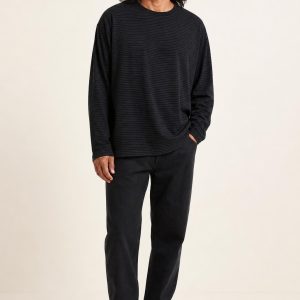 Men's Black Fine Stripe Long-Sleeve Tee worn with an adult model