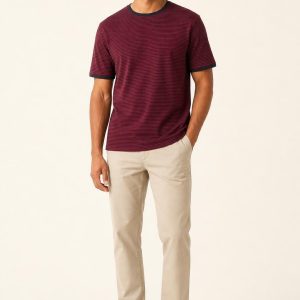 Men's Burgundy Fine Stripe Contrast-Trim Tee worn with an adult model
