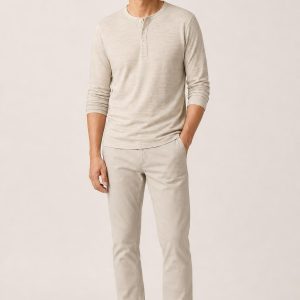 Men's Oatmeal Fine Stripe Henley Tee worn with an adult model