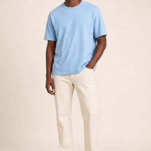 Men's Sky Fine Stripe Relaxed Tee worn with an adult model