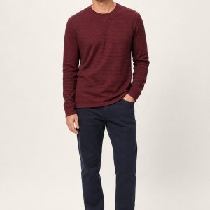 Men's Burgundy Fine Stripe Thermal Tee worn with an adult model