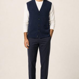 Men's Indigo Tailored Vest worn with an adult model