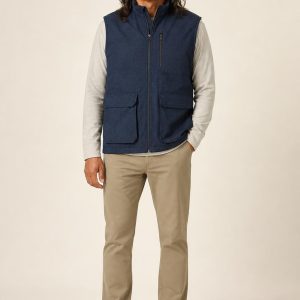 Men's Indigo Tonal Texture Utility Vest worn with an adult model