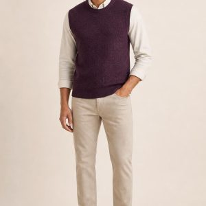 Men's Plum Tonal Texture Sweater Vest worn with an adult model