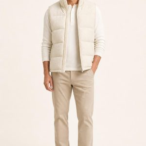 Men's Ivory Tonal Texture Puffer Vest worn with an adult model