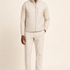Men's Stone Tonal Texture Tailored Vest worn with an adult model
