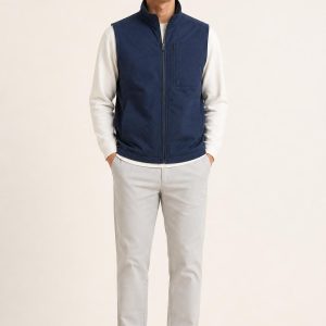 Men's Indigo Tonal Texture Softshell Vest worn with an adult model