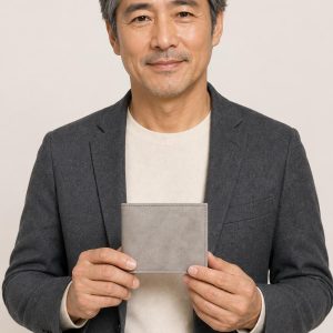 Men's Silver Bifold Wallet shown with an adult model