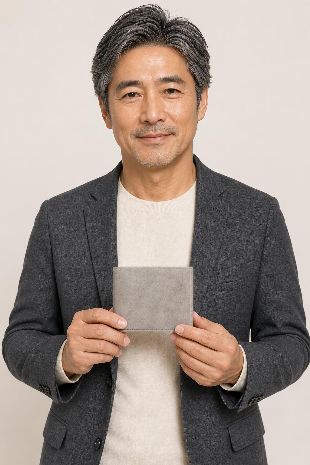 Men's Silver Bifold Wallet shown with an adult model