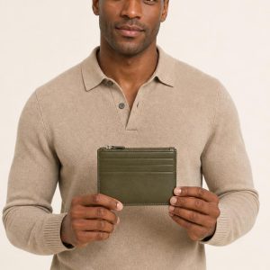 Men's Olive Card Wallet shown with an adult model