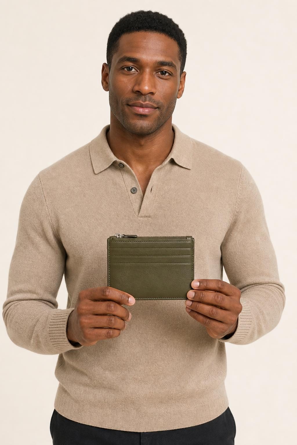 Men's Olive Card Wallet shown with an adult model