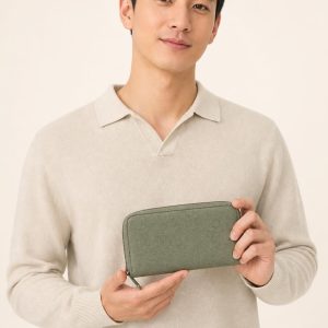 Men's Sage Zip Wallet shown with an adult model