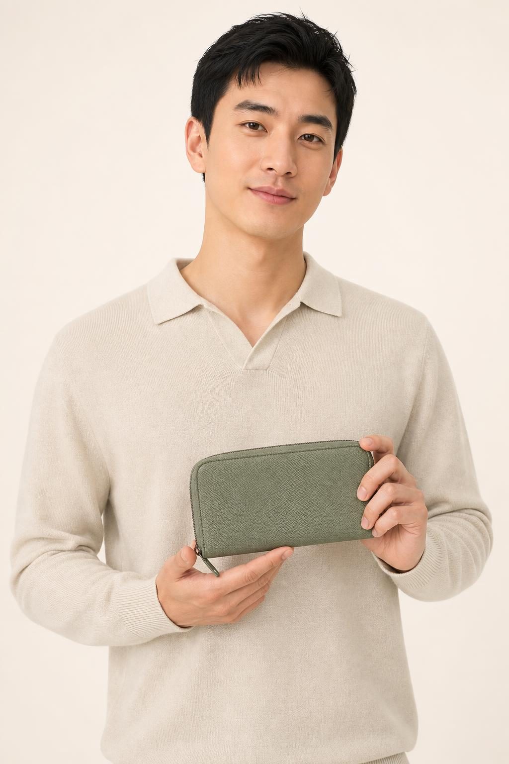 Men's Sage Zip Wallet shown with an adult model