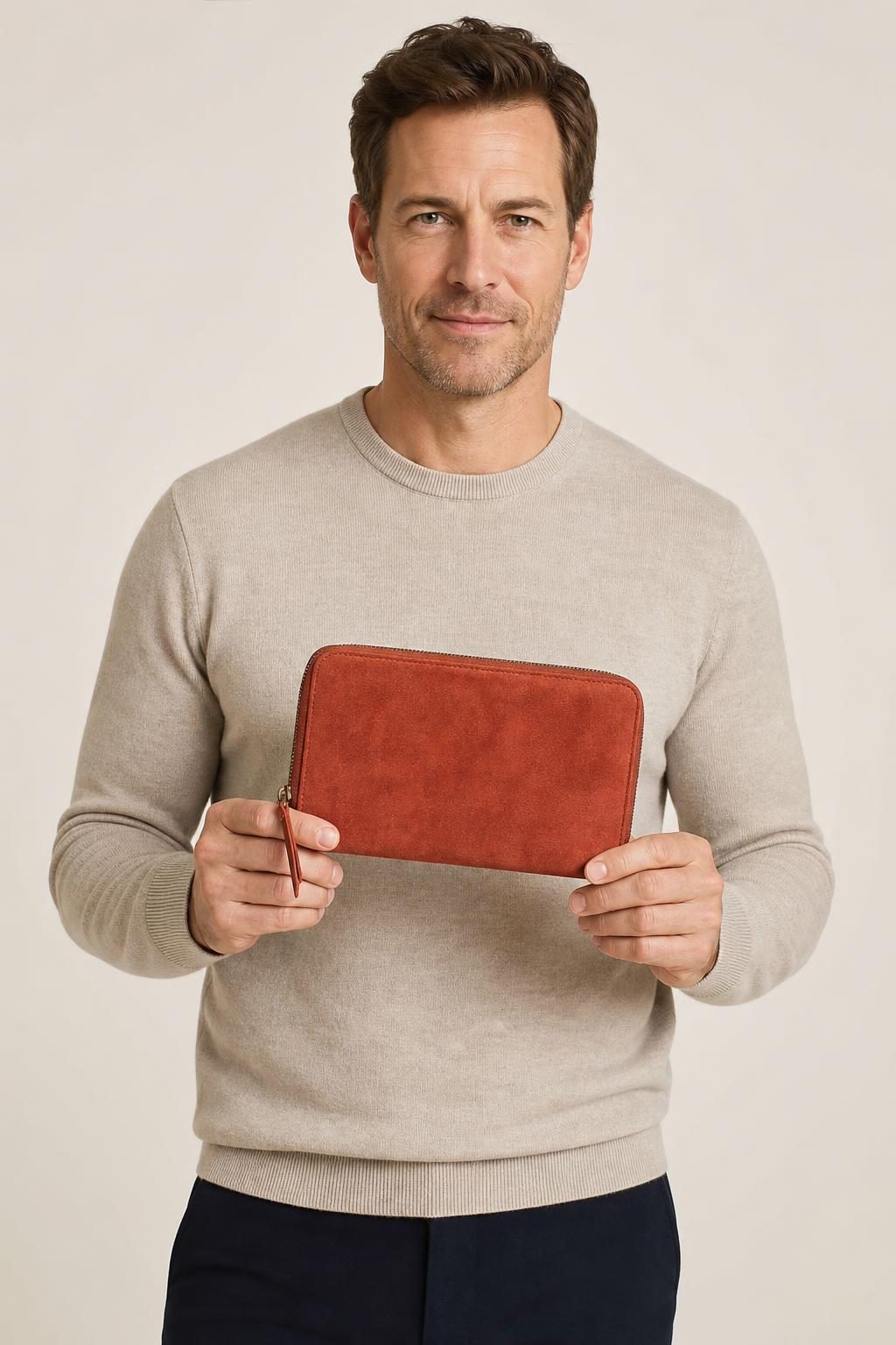Men's Terracotta Travel Wallet shown with an adult model