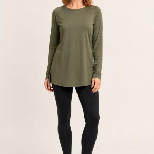 Women's Olive Longline Training Top worn with an adult model