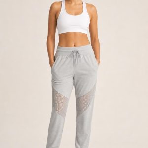 Women's Silver Studio Joggers worn with an adult model