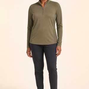 Women's Olive Half-Zip Top worn with an adult model