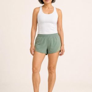 Women's Sage Tonal Panel Running Shorts worn with an adult model