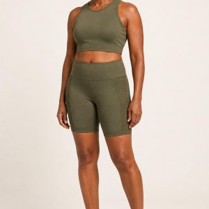 Women's Olive Tonal Panel Bike Shorts worn with an adult model