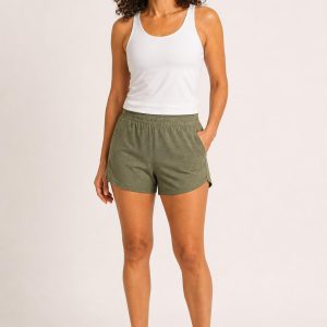 Women's Olive Subtle Heather Running Shorts worn with an adult model