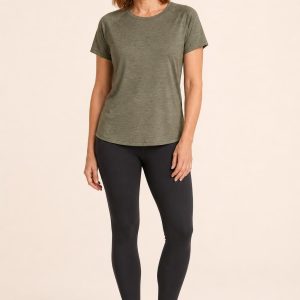 Women's Olive Subtle Heather Training Tee worn with an adult model