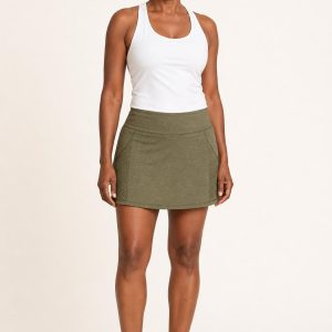 Women's Olive Subtle Heather Tennis Skirt worn with an adult model