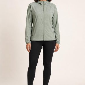 Women's Sage Subtle Heather Running Jacket worn with an adult model
