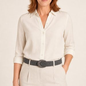 Women's Charcoal Sculpted-Buckle Belt worn with an adult model
