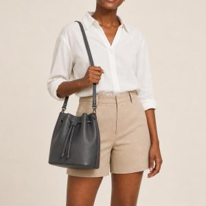 Women's Charcoal Bucket Bag shown with an adult model