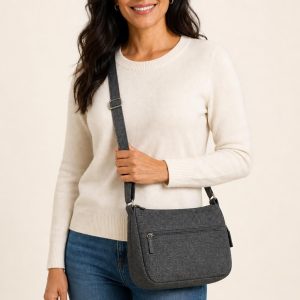 Women's Charcoal Tonal Texture Crossbody Bag shown with an adult model