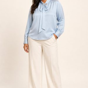 Powder Blue Tie-Neck Blouse worn with an adult model