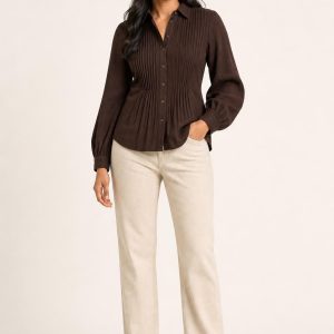 Women's Chocolate Pleated Blouse worn with an adult model