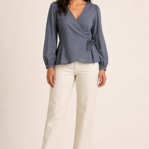 Women's Slate Wrap Blouse worn with an adult model