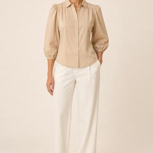Women's Sand Puff-Sleeve Blouse worn with an adult model
