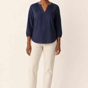 Women's Navy Split-Neck Blouse worn with an adult model