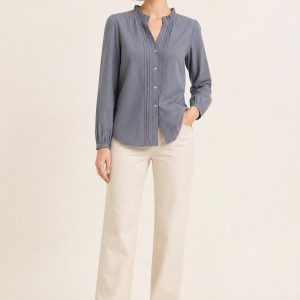 Women's Slate Ruffle-Collar Blouse worn with an adult model