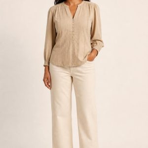 Women's Sand Shell Blouse worn with an adult model