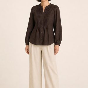 Women's Chocolate Tonal Texture Pleated Blouse worn with an adult model