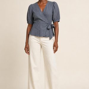 Women's Slate Tonal Texture Wrap Blouse worn with an adult model