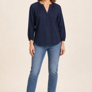Women's Navy Tonal Texture Split-Neck Blouse worn with an adult model