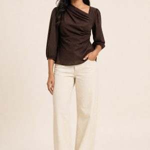 Women's Chocolate Tonal Texture Draped Blouse worn with an adult model