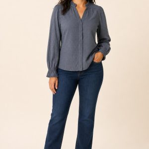 Women's Slate Tonal Texture Ruffle-Collar Blouse worn with an adult model