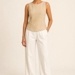 Women's Sand Tonal Texture Shell Blouse worn with an adult model