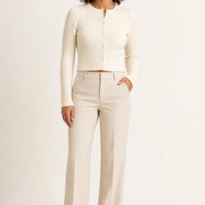 Cream Cropped Rib Cardigan worn with an adult model