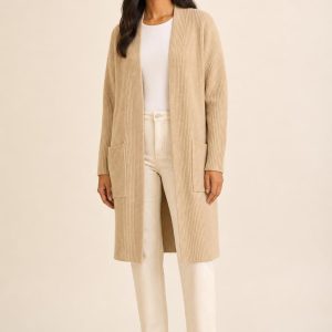 Women's Sand Longline Cardigan worn with an adult model