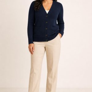 Women's Navy V-Neck Cardigan worn with an adult model