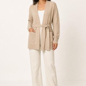 Women's Sand Belted Cardigan worn with an adult model